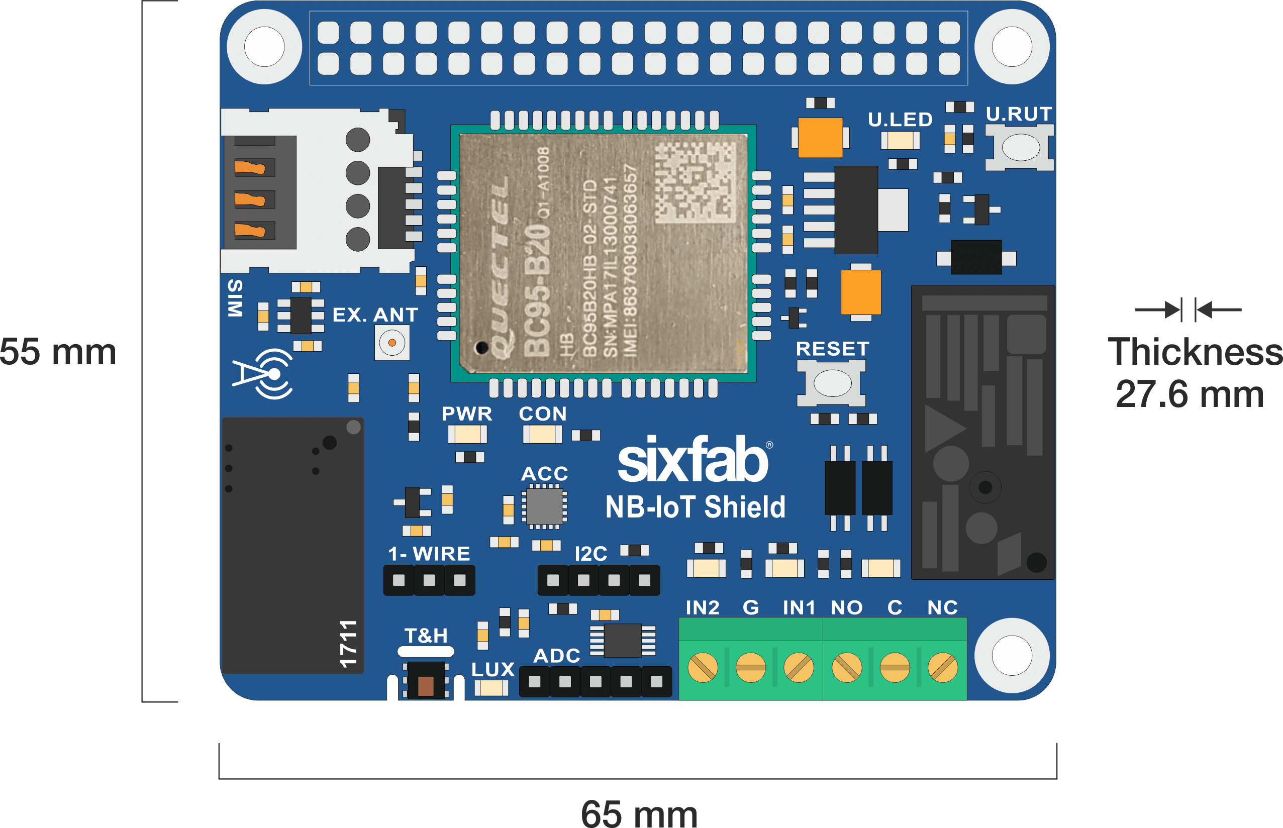 Raspberry Pi NB-IoT Shield Dimensions
