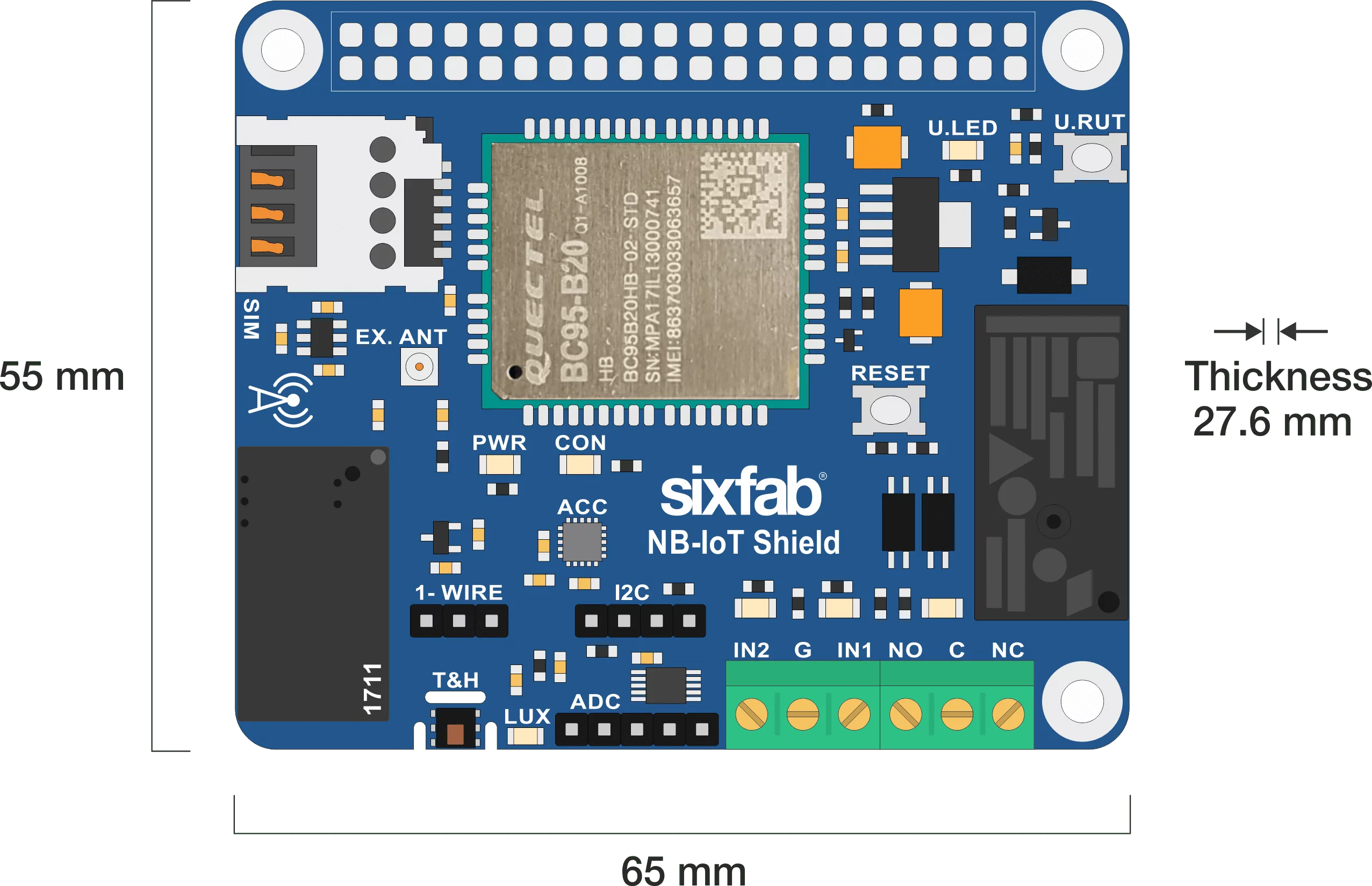 Raspberry Pi NB-IoT Shield Dimensions