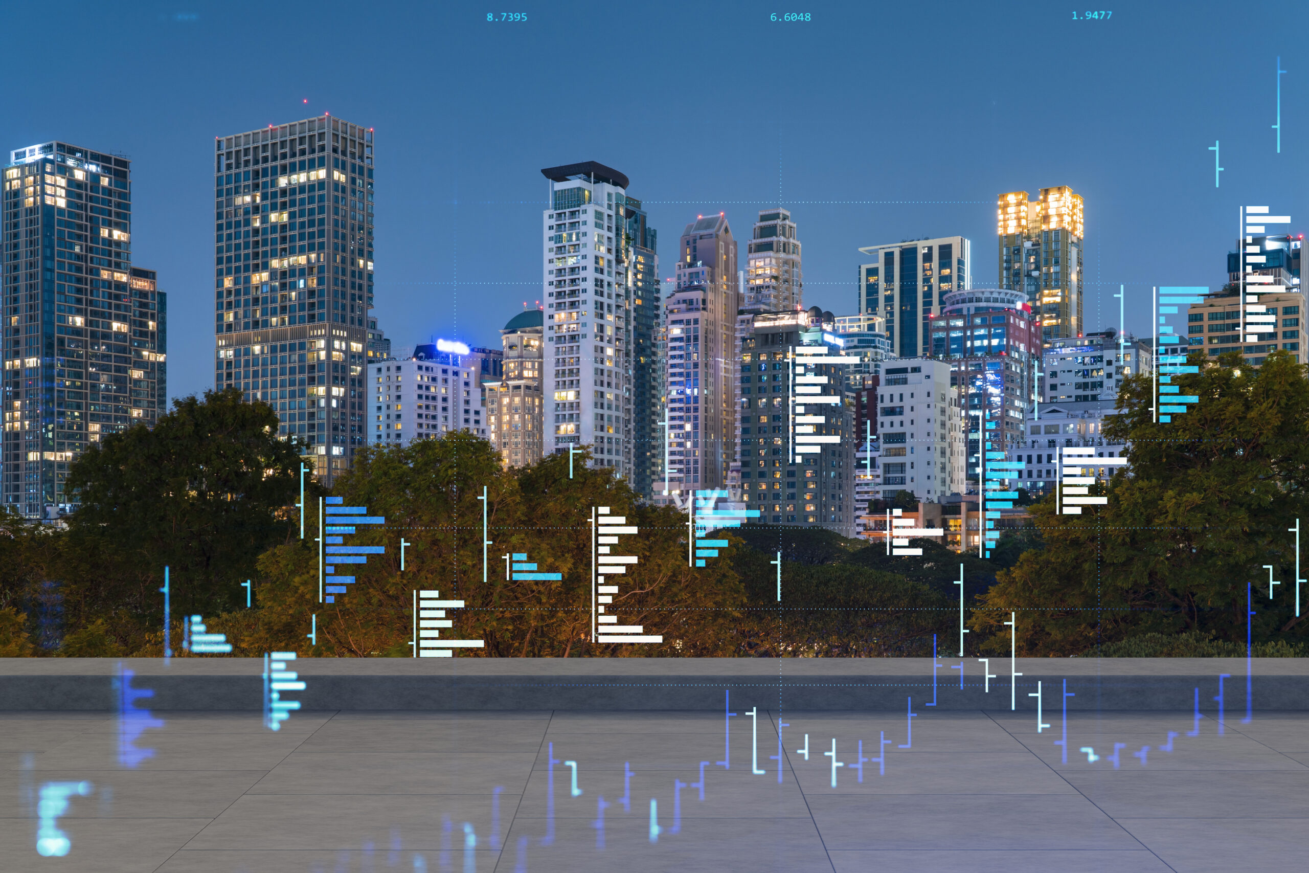 Smart Cities & Public Infrastructure 1 rooftop with concrete terrace bangkok night skyline forecasting business modeling financial markets hologram digital charts city downtown double exposure