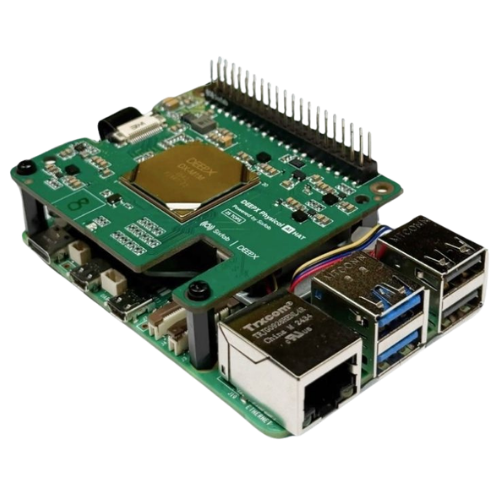 Sixfab AI HAT+ mounted on Raspberry Pi 5 with 16-pin FFC cable connecting the PCIe port, top-down product photograph