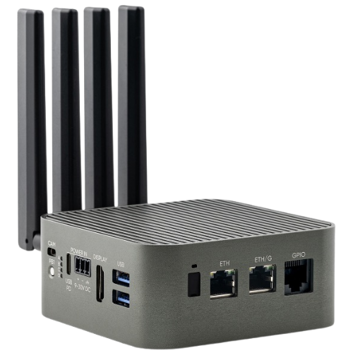 Sixfab ALPON X5 AI industrial edge AI computer with cellular and Wi-Fi antennas mounted on a rugged aluminum enclosure