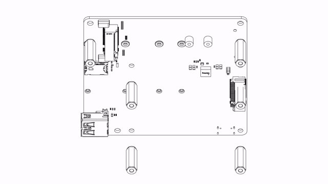Sixfab Edge AI Expansion Board spacer installation: six M2.5 16 mm female-female standoffs on the bottom side, and two M2.5 5 mm plastic screws with four M2.5 5 mm male-female spacers on the top side