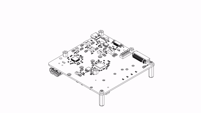 Raspberry Pi 5 lowered onto the four 5 mm male-female spacers of the Sixfab Edge AI Expansion Board with the pogo pins aligned, secured with four M2.5 5 mm plastic screws