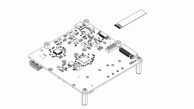 PCIe FFC cable connected to the Sixfab Edge AI Expansion Board with the EDGE AI label facing up and the latch closed