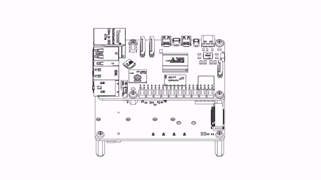DEEPX DX-M1 M.2 AI module inserted into the M.2-PCIE slot at a 30 degree angle, fixed with the 3D-printed spacer and an M2 6 mm flat-head screw