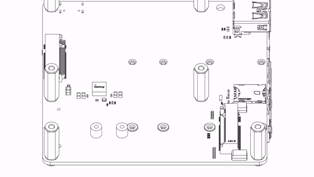 Underside of the Sixfab Edge AI Expansion Board with the LTE 5G modem in the CELLULAR LTE/5G slot, the NVMe SSD in the M.2-USB slot, and a nano SIM in the SIM slot