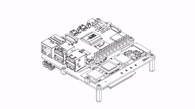 PCIe FFC RPi5 end seated in the Raspberry Pi 5 PCIe socket with the latch closed, and the USB Bridge daughterboard in place with the Sixfab logo facing outward and flat