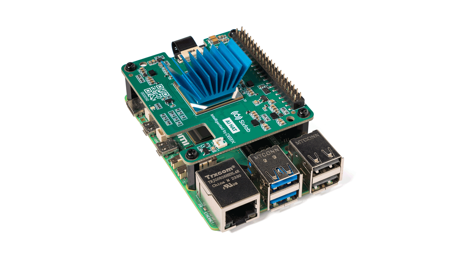 Passive heatsink attached to the DEEPX NPU on the Sixfab AI HAT+