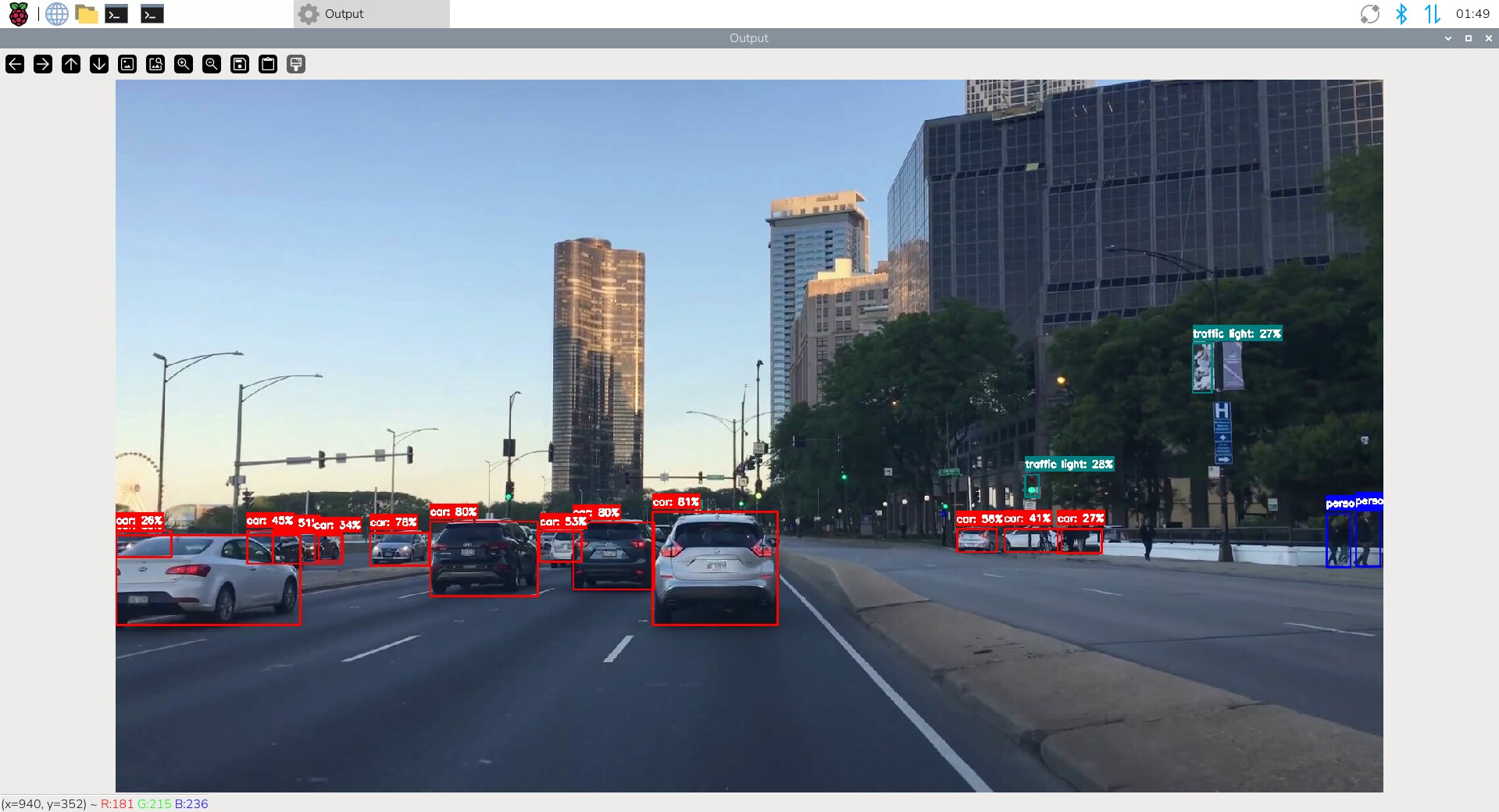 YOLOv8 object detection running on Sixfab AI HAT+ NPU, with bounding boxes and class labels drawn around detected objects in a live camera feed, FPS counter visible