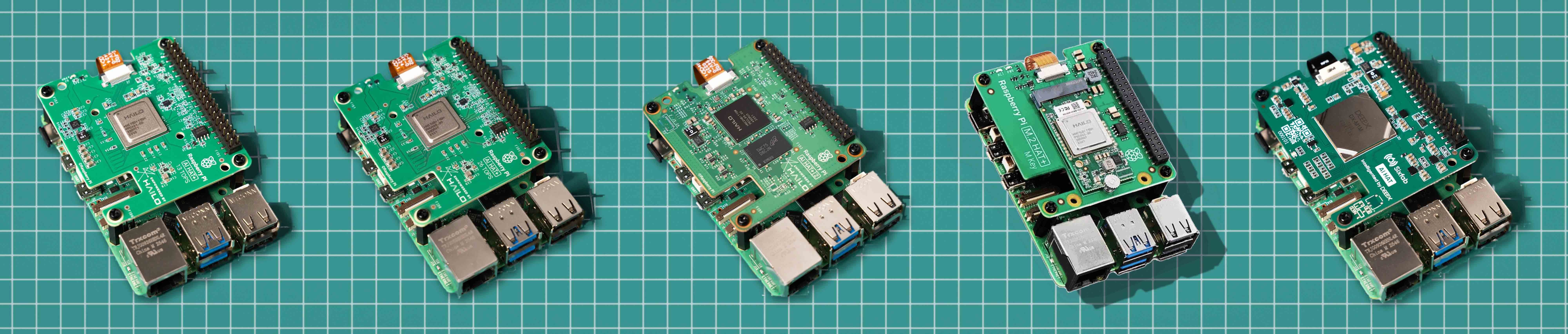 Raspberry Pi 5 AI HAT benchmark: Sixfab AI HAT+ (DEEPX DX-M1M) against Hailo-8, Hailo-8L and Hailo-10H.