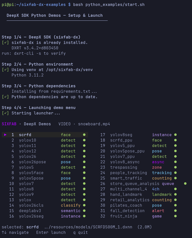 Build a Raspberry Pi AI Camera: On-Device 25 TOPS Object Detection with the Sixfab AI HAT+ (2026) 11 DEEPX Python demo launcher in a terminal, listing the available demos